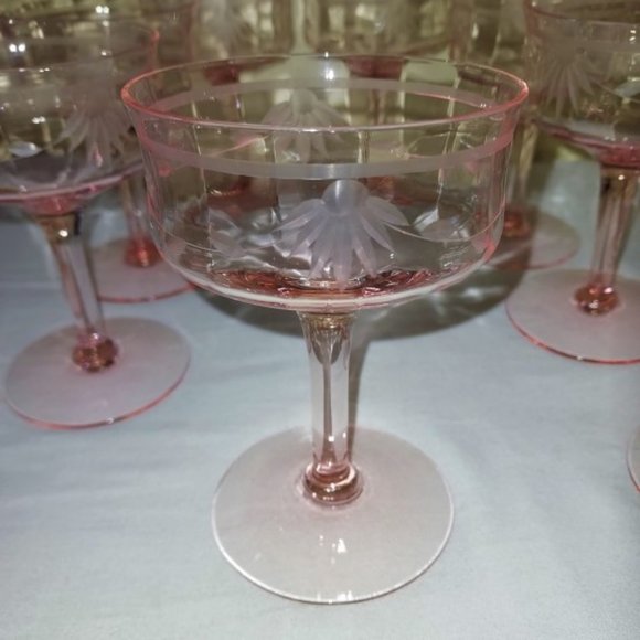 Tiffin Other - Antique Tiffin Pink Cut Crystal Coupe Champagne Sherbet Glasses Floral Design